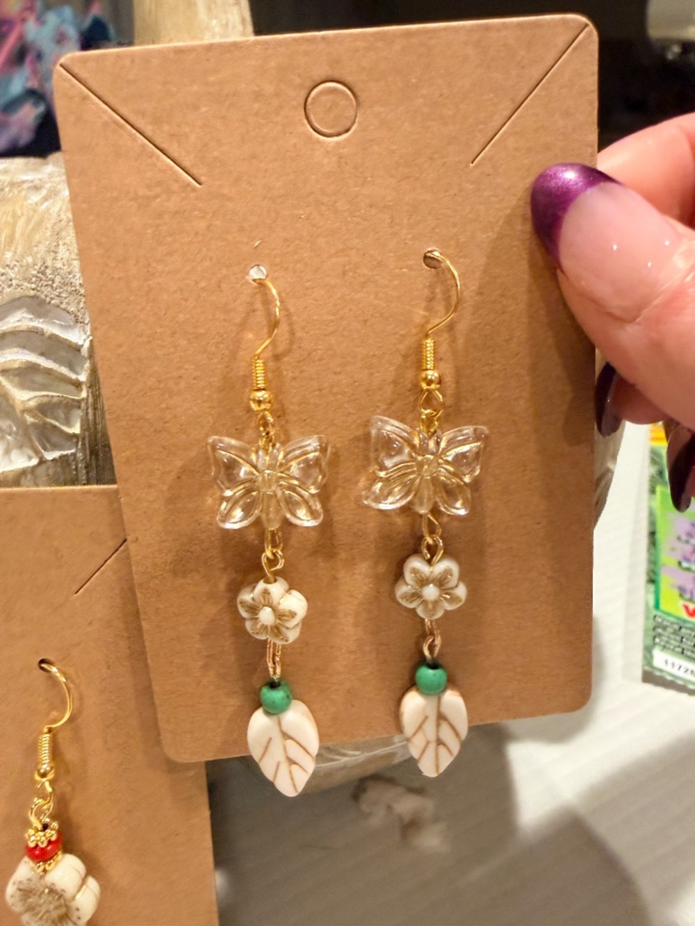 Handmade Gold Clear Butterfly White Floral Leaf Dangle Earrings Fairycore Y2K